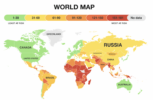 Map showing warmest regions